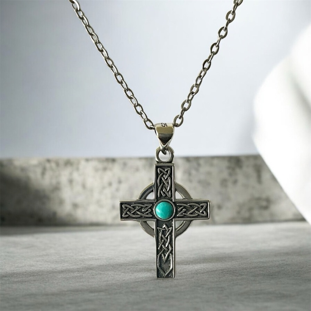 Intricate 925 Sterling Silver Cross with genuine Turquoise Necklace Free Chain